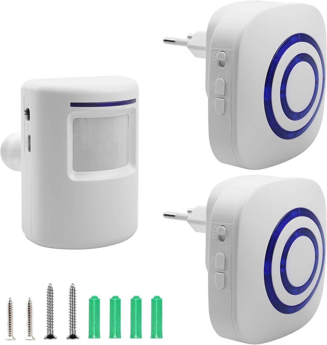 Draadloos Alarm Systeem - Bewegingsmelder Ontvanger - Veiligheid Thuis - 2 Ontvangers 1 Sensor - 70 Meter Bereik - Wit