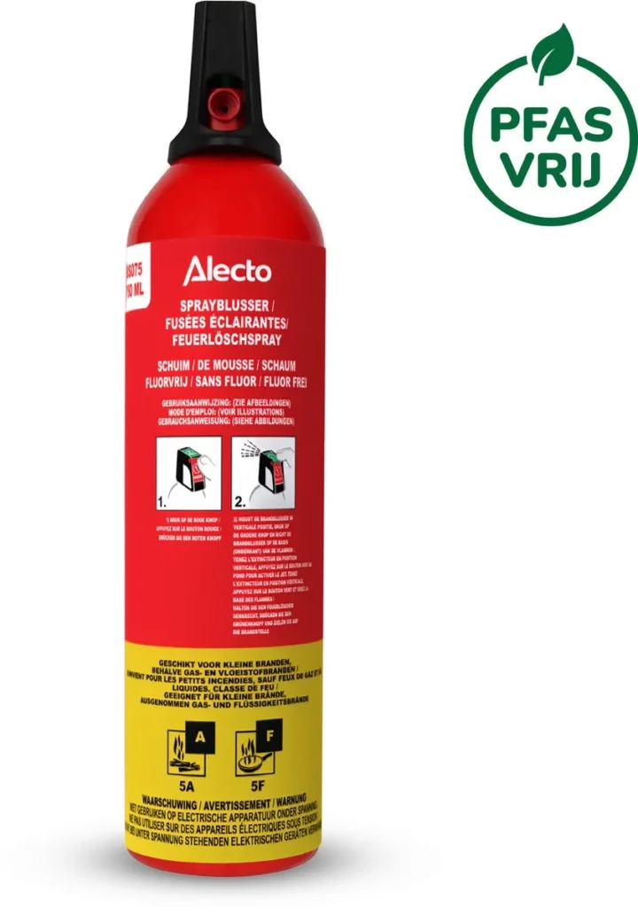 Rode Alecto-blusspray van 750 ml met gebruiksaanwijzing en onderaan de pictogrammen voor brandklasse A en F (5A, 5F)