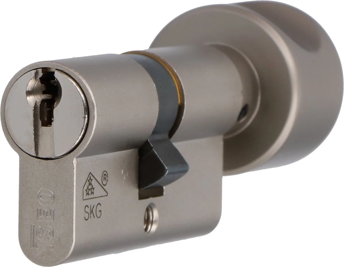 Veiligheidscilinder met SKG***-keurmerk voor een voordeur: ISEO F9 knopcilinder met aan de binnenkant een draaiknop