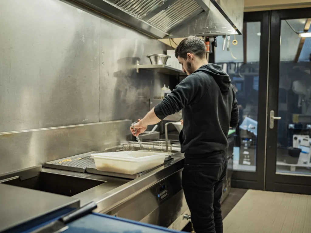 Kok aan een roestvrijstalen kooklijn onder een lange professionele afzuigkap in een restaurantkeuken