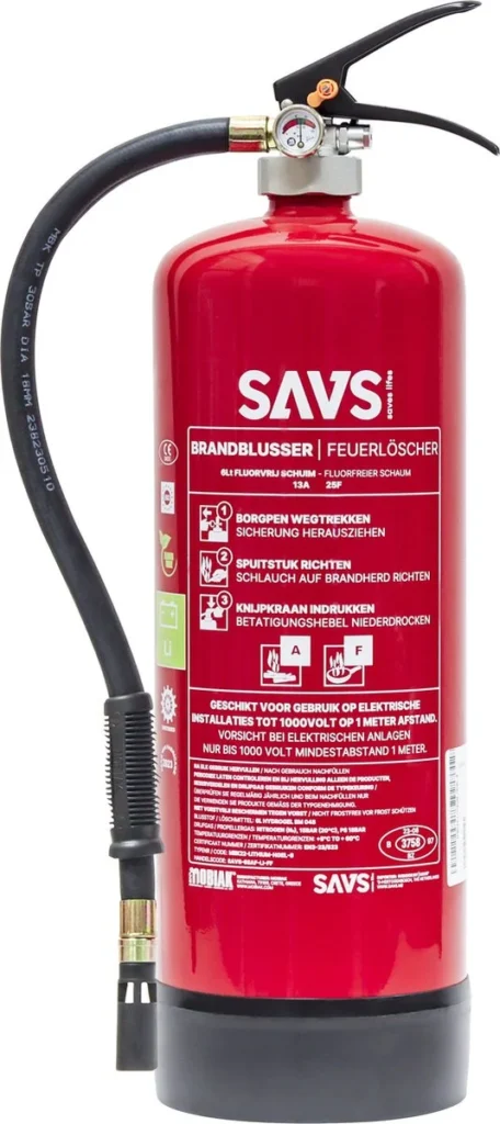 Rode SAVS lithium-brandblusser van 6 liter met slang