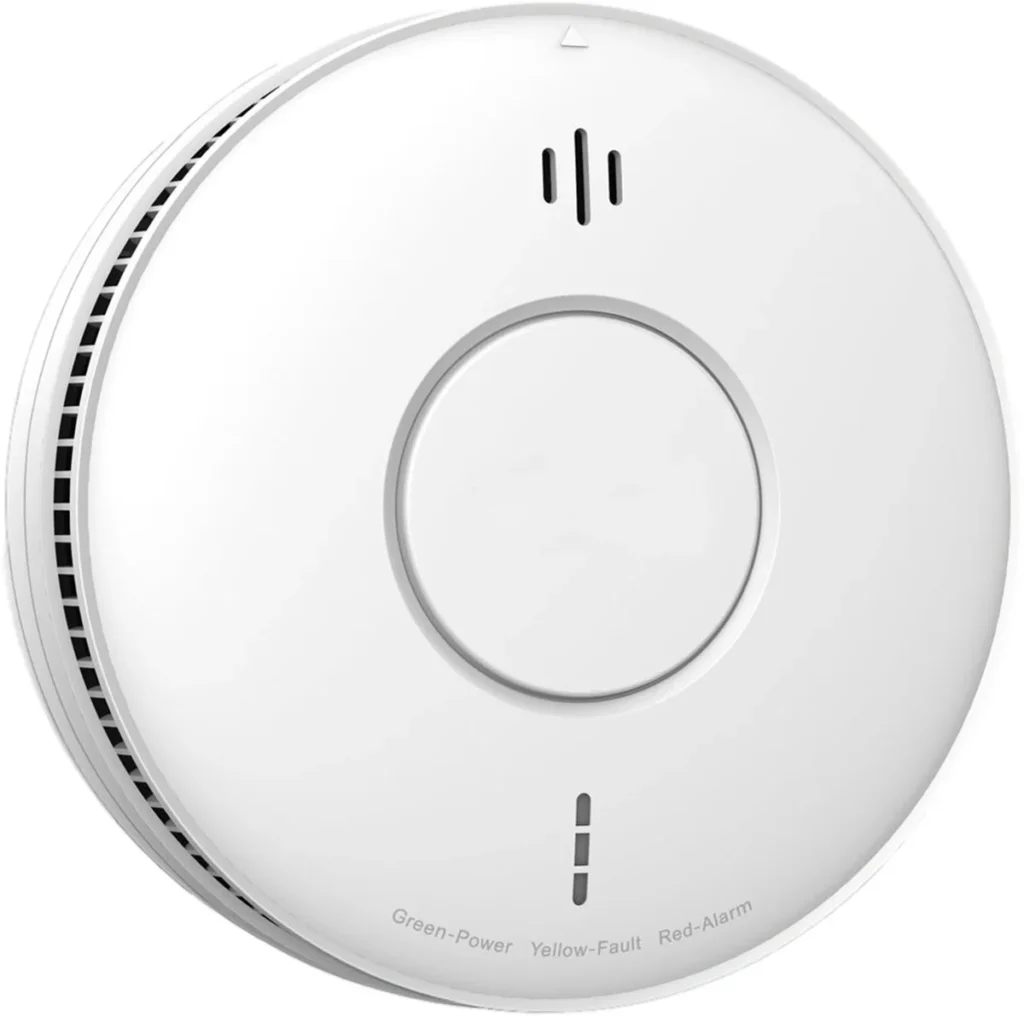 SAVS SA5MB rookmelder voor aansluiting op 230 volt, met een 9V-back-upbatterij en lampjes voor stroom, storing en alarm
